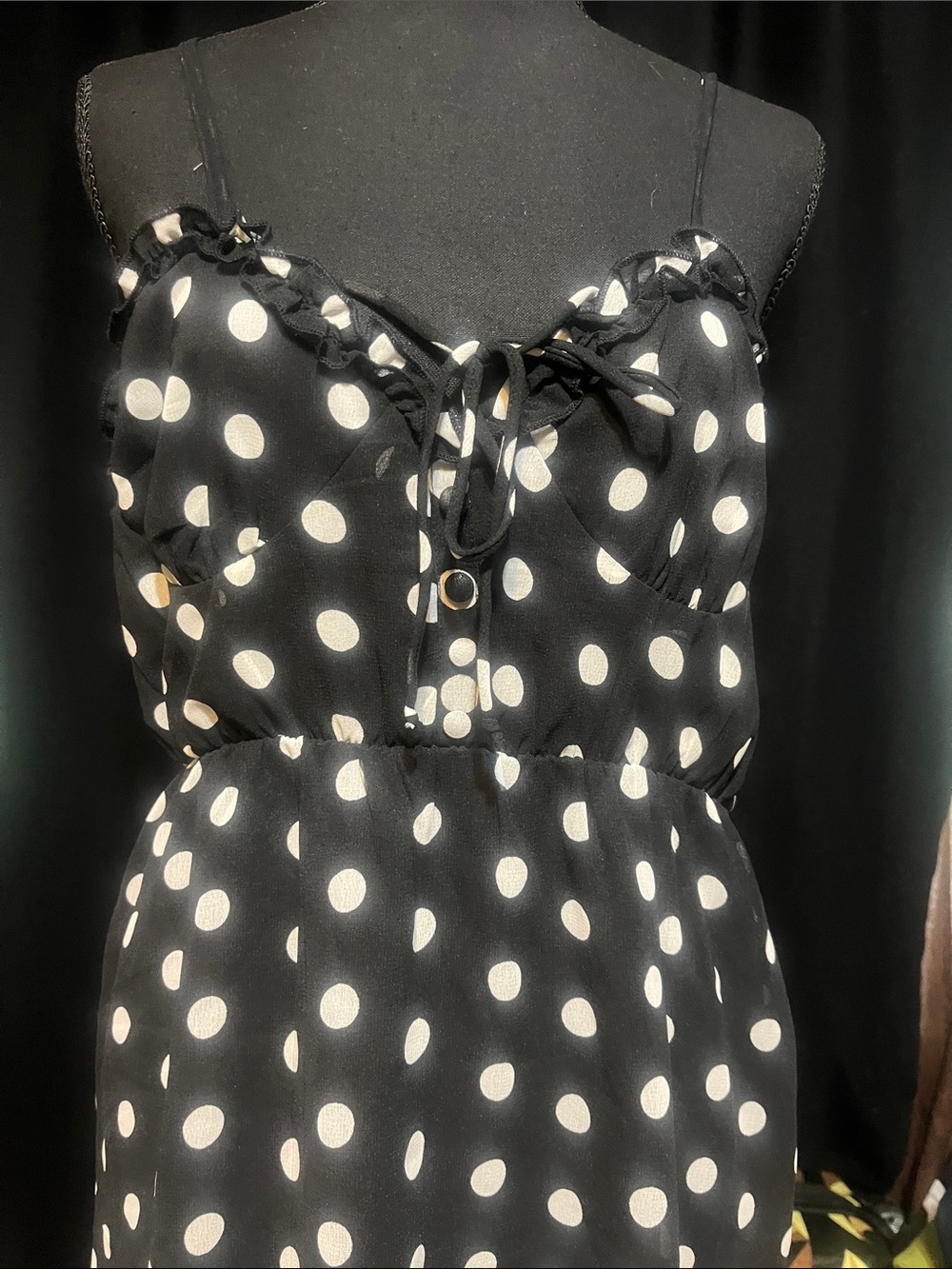 Polka Dot Black Strapless-Look Sundress with Tie Front